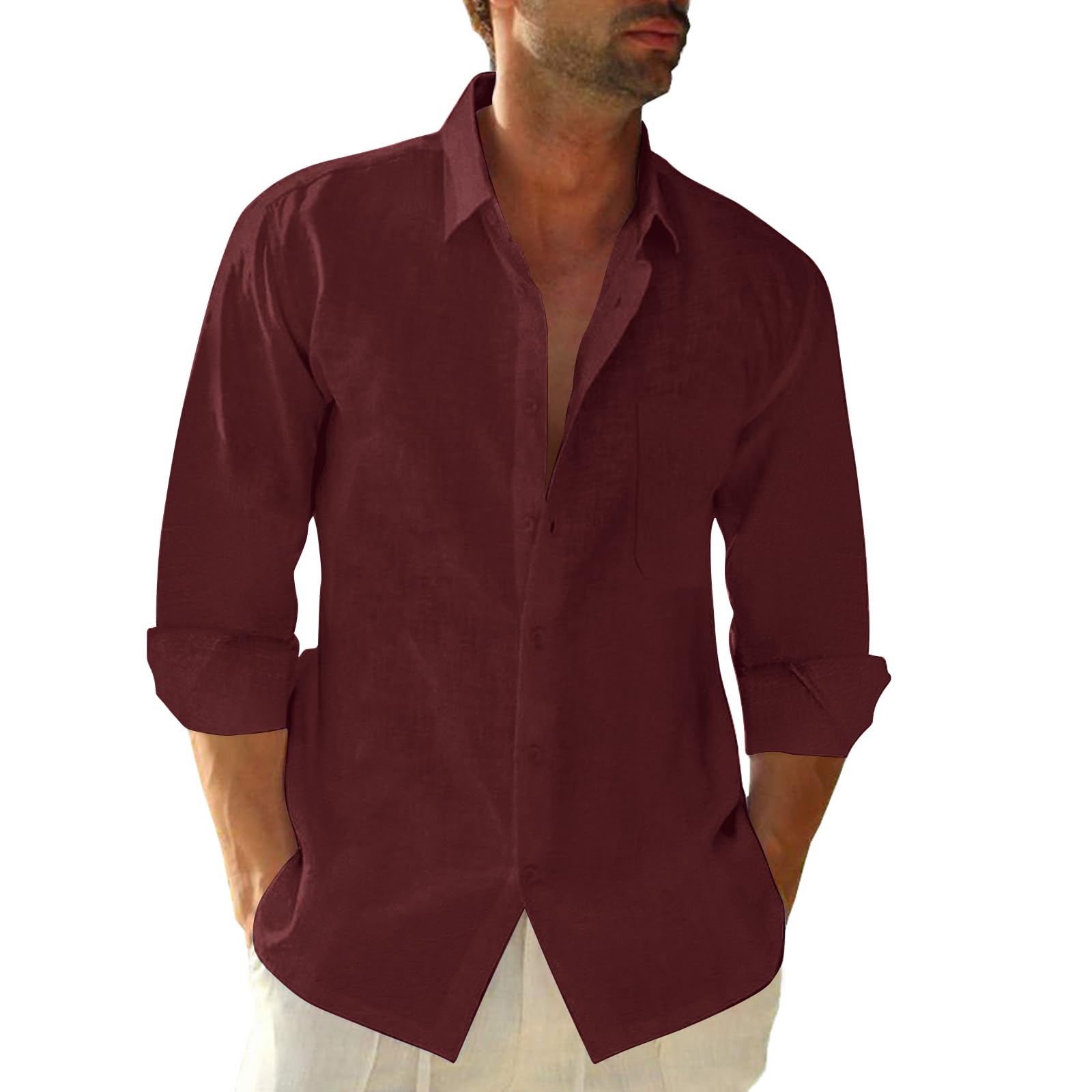 Button Down Linen Shirts for Men Casual Long Sleeve Regular Fit Cotton Beach Shirts with Pocket
